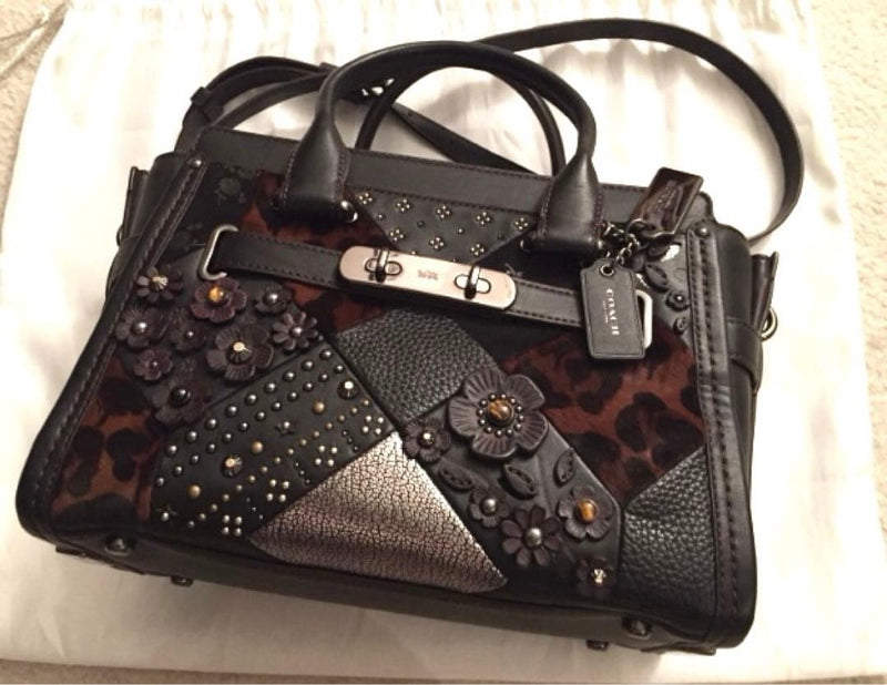 Coach Swagger 27 Satchel Handbag Dark Brown Leather Flower Studs