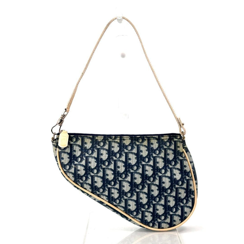 Trotter Saddle Pouch Handbag Blue Canvas Beige Leather Silver