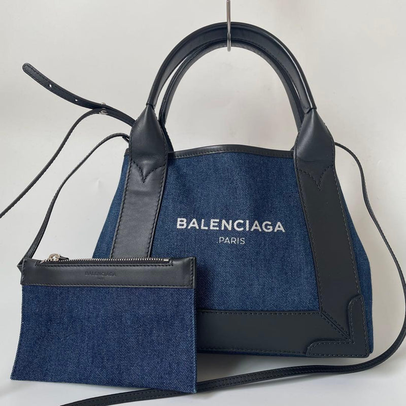 Balenciaga Cabas 390346 Tote Shoulder Bag Canvas Calf Leather Black