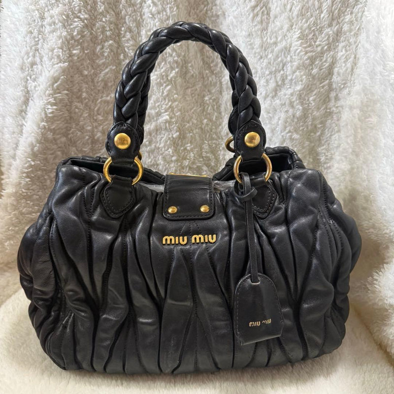 Miumiu Matelassé Handbag Shoulder Bag 2-Way Black Gold Hardware