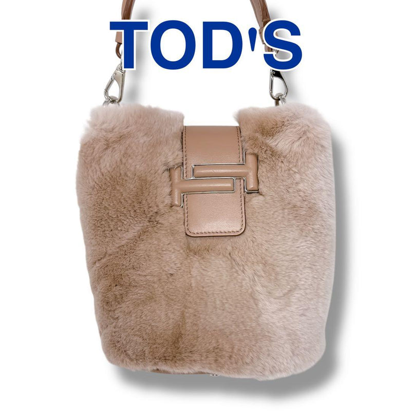 Tods Double T MW41 Handbag Pink Beige Rabbit Fur Leather Silver Hardware