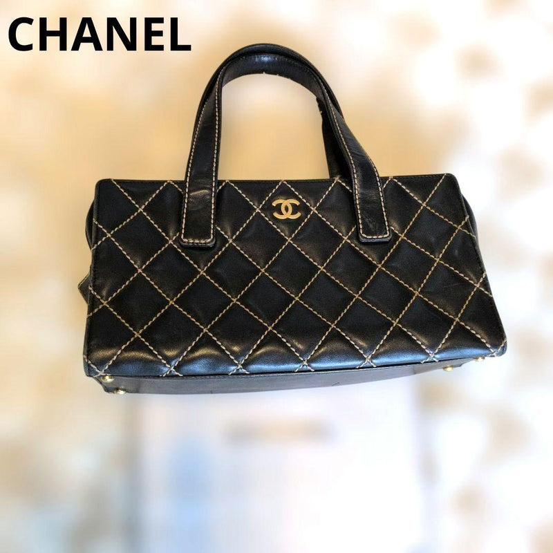 Chanel Wild Stitch Handbag Black Leather Beige Stitching Gold Hardware