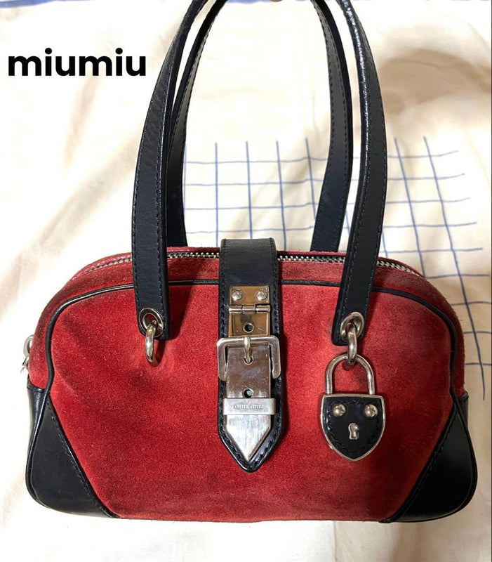 Miu Miu Mini Boston Bag Handbag Red Black Suede Leather Silver Hardware