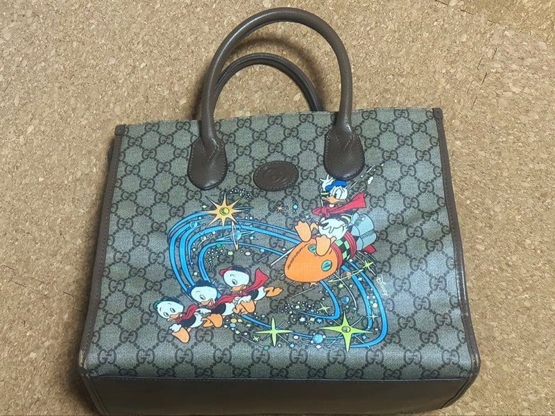 Donald Duck Handbag Leather Gg Pattern Brown Beige Blue Double Handle