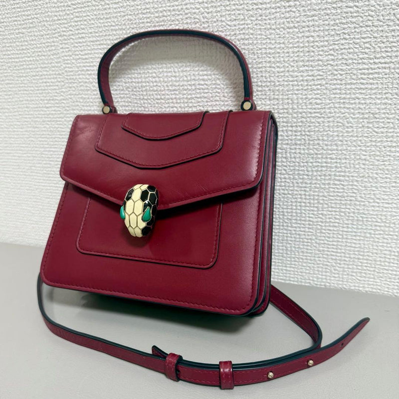 Bvlgari Serpenti Top Handle 2-Way Handbag Calf Leather Red