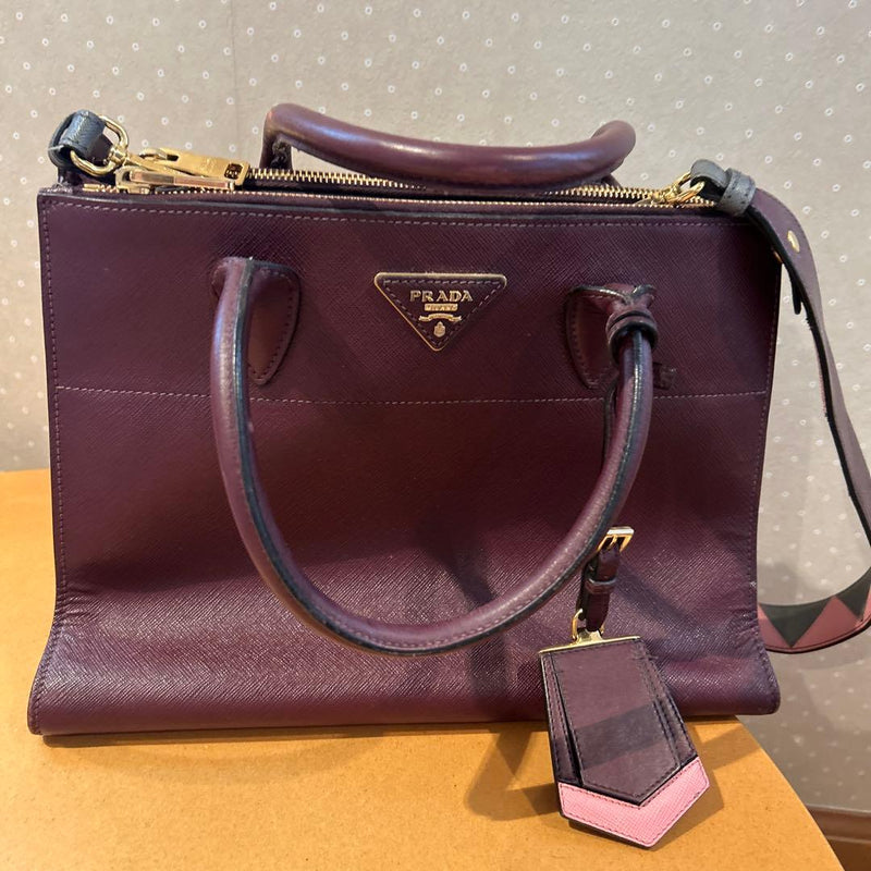 Prada Saffiano Leather Handbag Shoulder Bag Wine Red Adjustable Strap