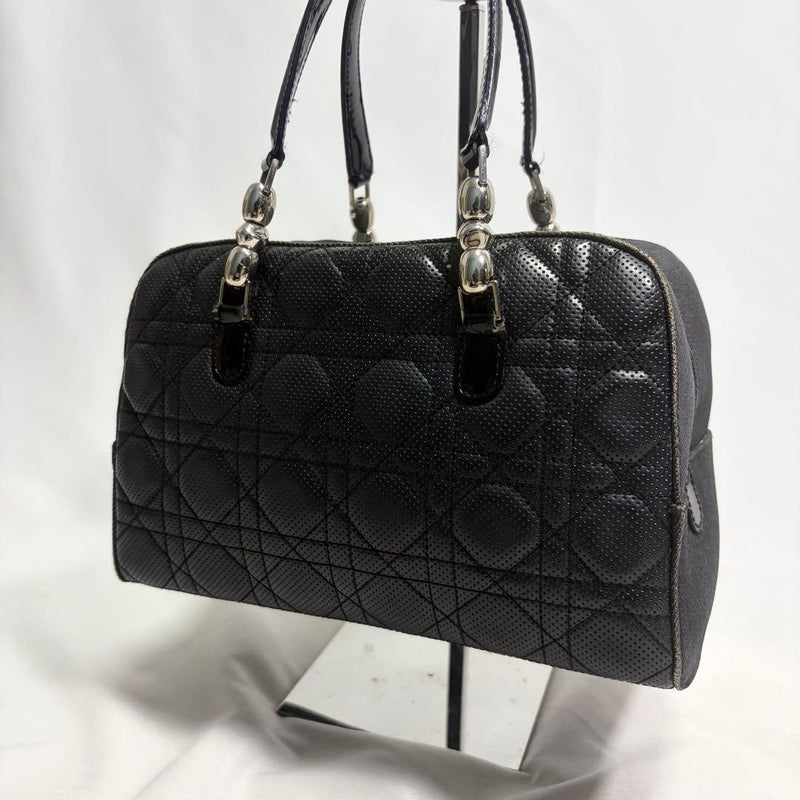 Dior Malice Pearl Handbag Boston Bag Leather Canvas Black Silver Hardware