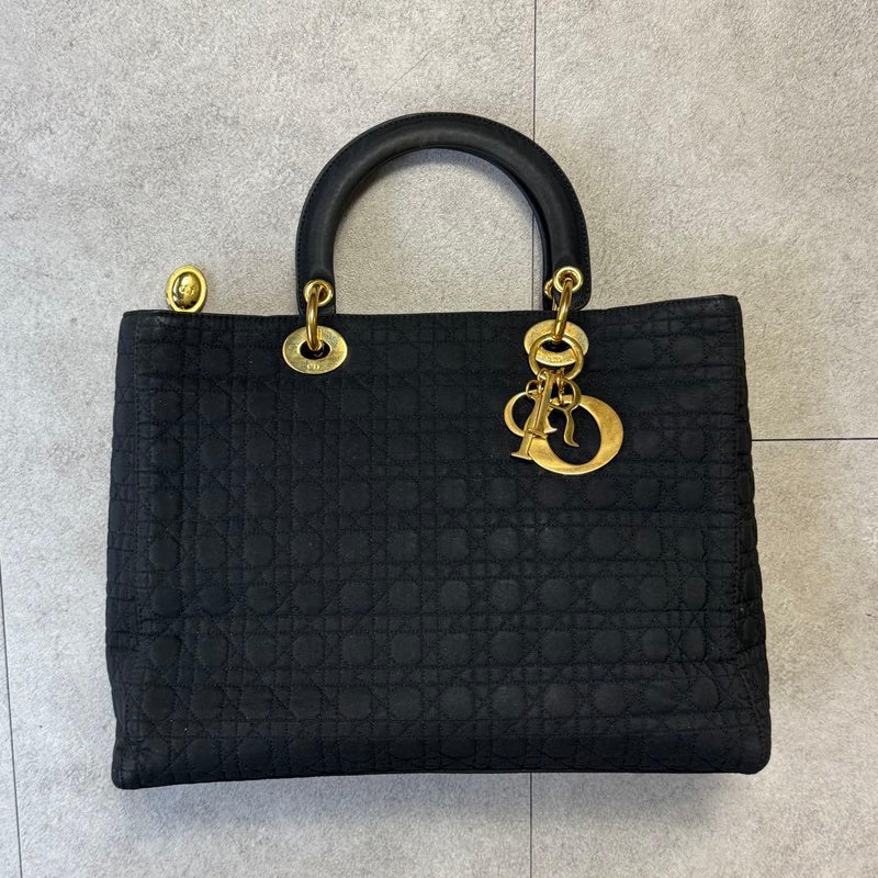 Lady Dior Cannage Tote Bag Black Canvas Gold Hardware