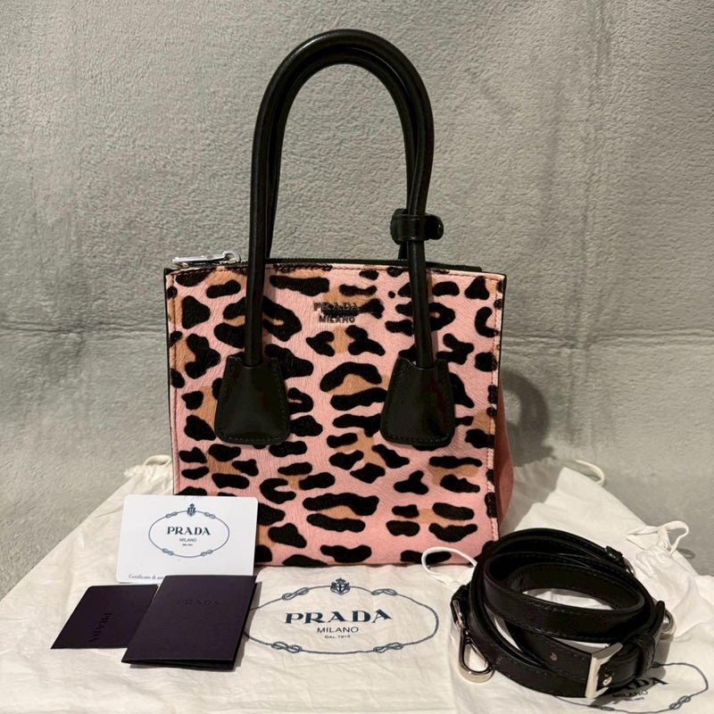 Prada Pink Leopard Calf Hair 2-Way Hand Shoulder Bag Pink Calfskin