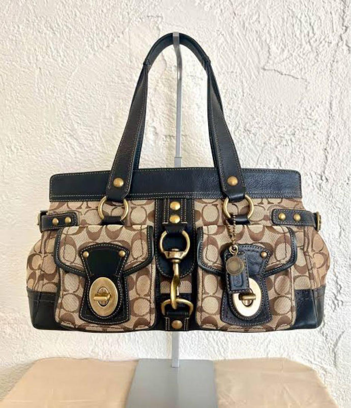 Coach Legacy Signature Satchel Handbag Canvas Leather Beige Black 65th
