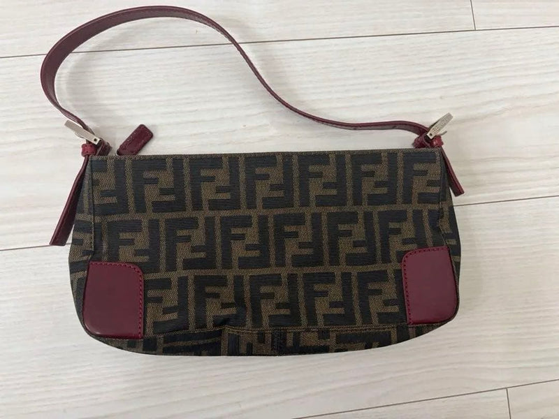 Fendi Handbag Shoulder Bag Logo Pattern Leather Brown Bordeaux