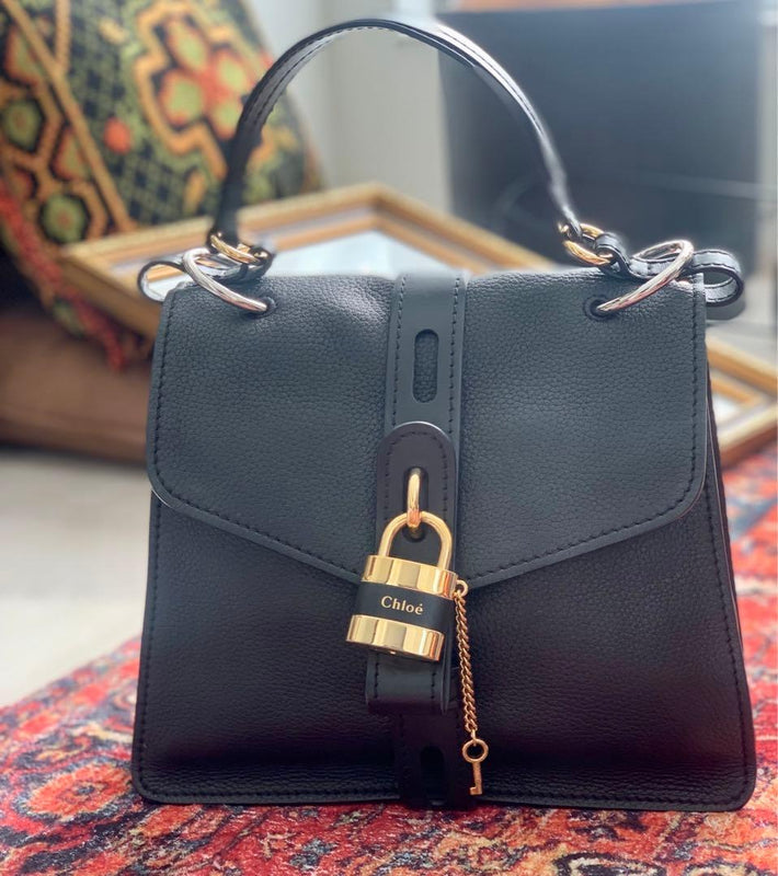 Aby Medium Handbag Black Leather Padlock