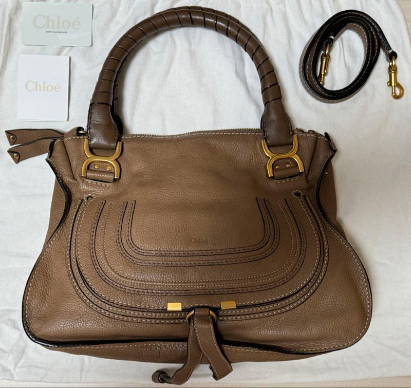 Chloe Marcie Medium Satchel Handbag Leather Brown Gold Hardware