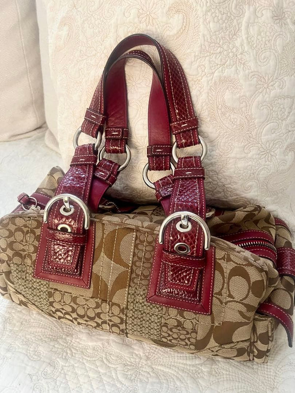 Coach Mini Boston Signature Canvas Leather 2-Way Shoulder Bag Beige Burgundy