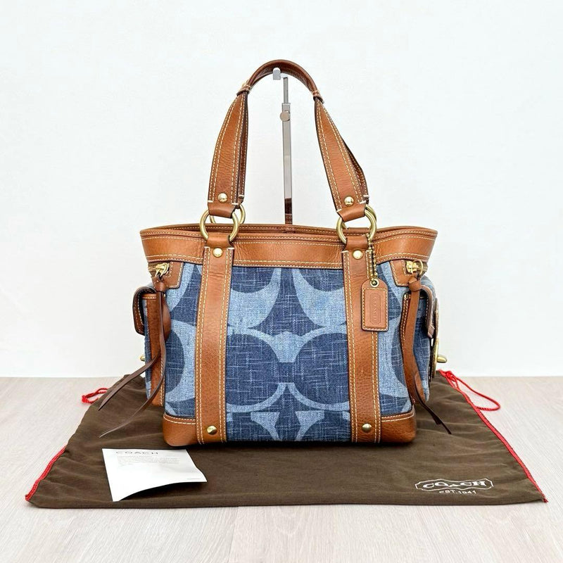 Denim Tonal Signature Satchel Bag Tote Handbag Brown Indigo Turnlock
