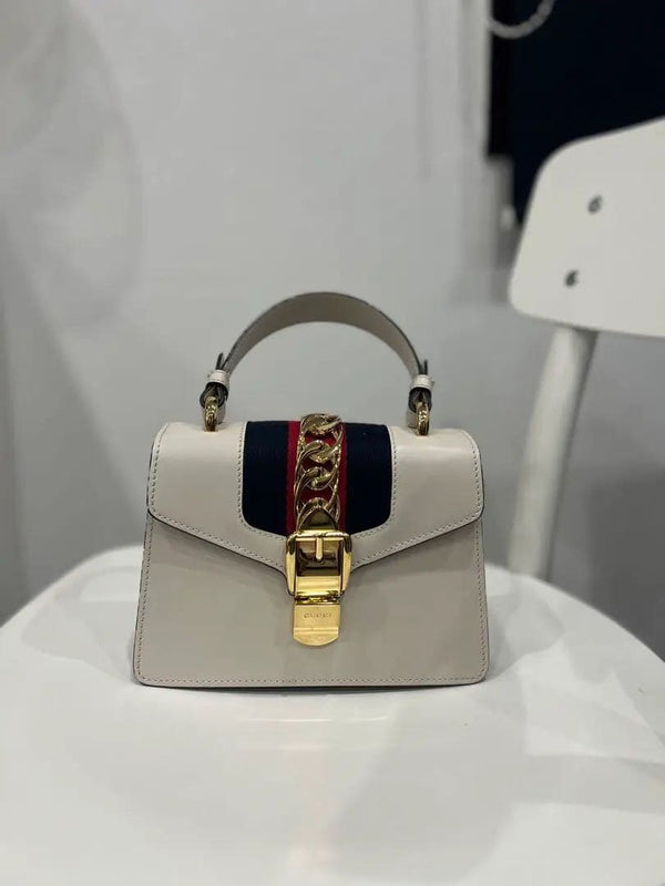 Handbag Shoulder Bag White Navy Red Leather Gold Buckle Chain Mini Small