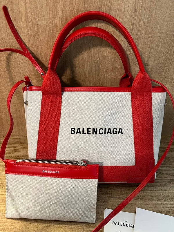 Navy Cabas Xs Tote Bag Canvas Leather Red Handbag