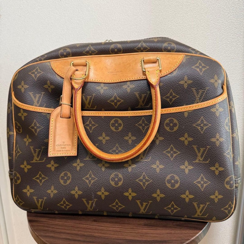 Monogram Handbag Brown Leather Beige Canvas Interior