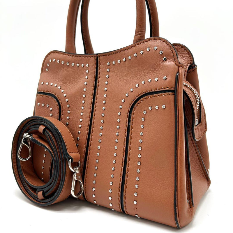 Tods Sella Studded 2way Shoulder Bag Brown Leather Silver Hardware