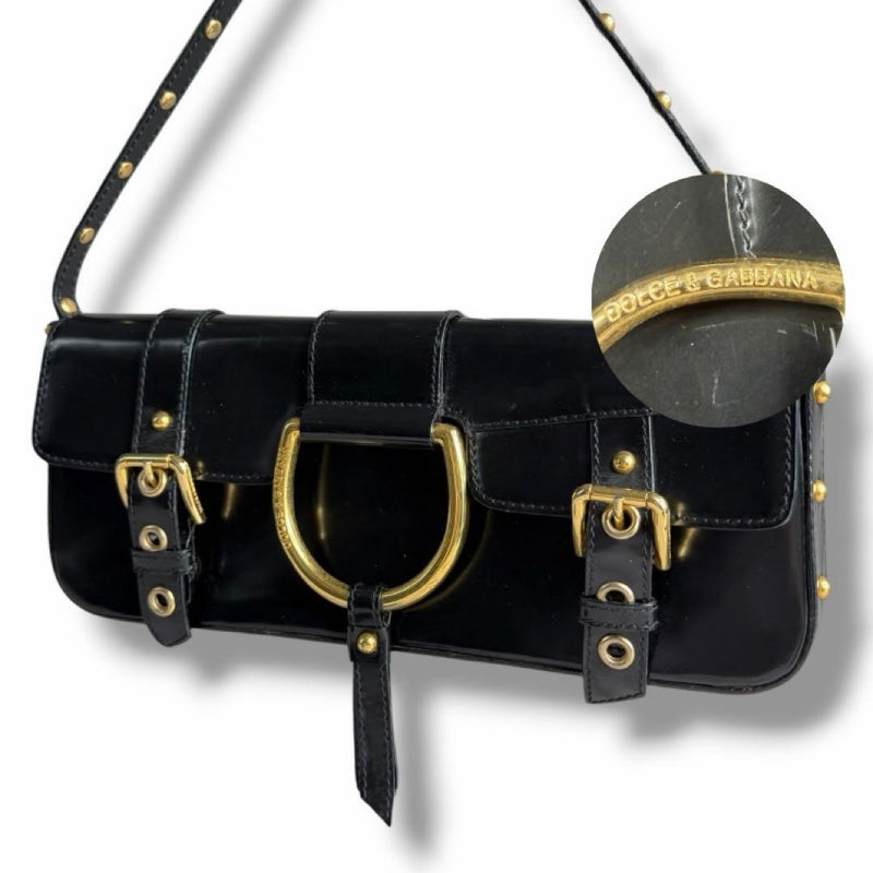 Dg Leopard Print Studded Shoulder Bag Patent Leather Black