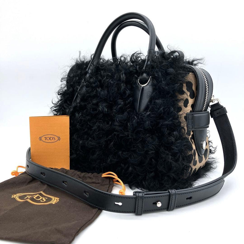 Tods D-styling 2-Way Shoulder Handbag Leopard Print Fur Leather Black