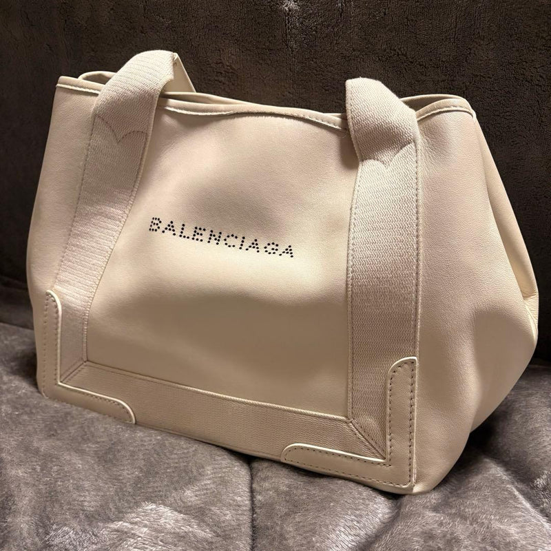 Navy Cabas S Tote Bag Leather White Handbag Shoulder