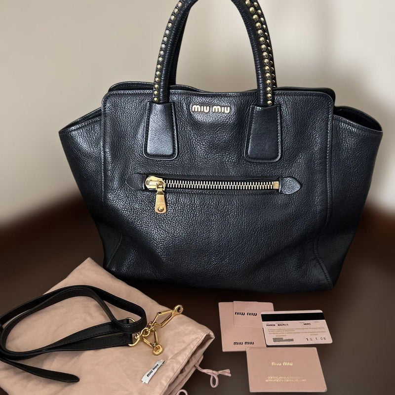 Logo Metal Studded 2-way Shoulder Handbag Leather Black Silver Hardware