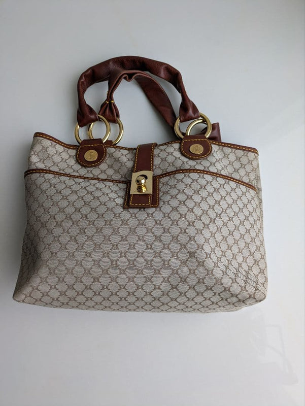 Celine Tote Bag Canvas Leather Beige Brown Handbag