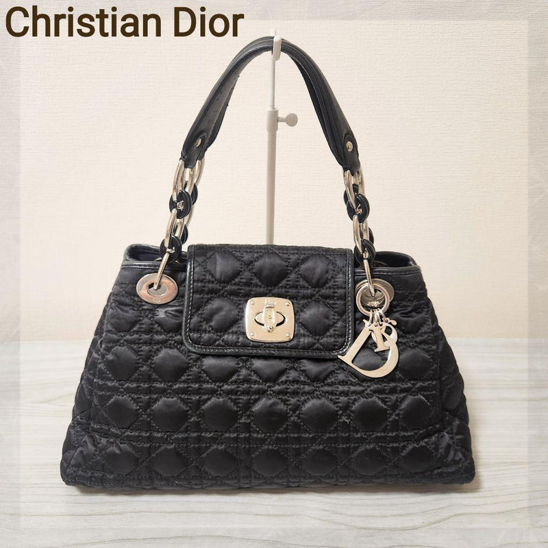 Cannage Handbag Nylon Leather Black Silver Hardware