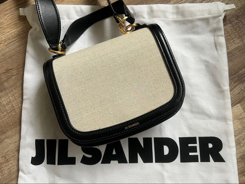 Jil Sander Shoulder Bag Canvas Leather Beige Black