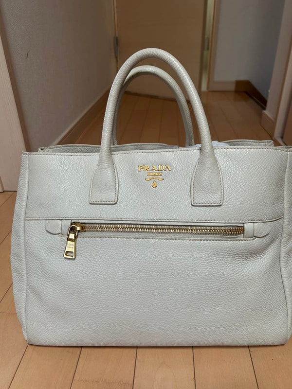 Prada Handbag White Ivory Leather Gold Zipper Outer Pocket