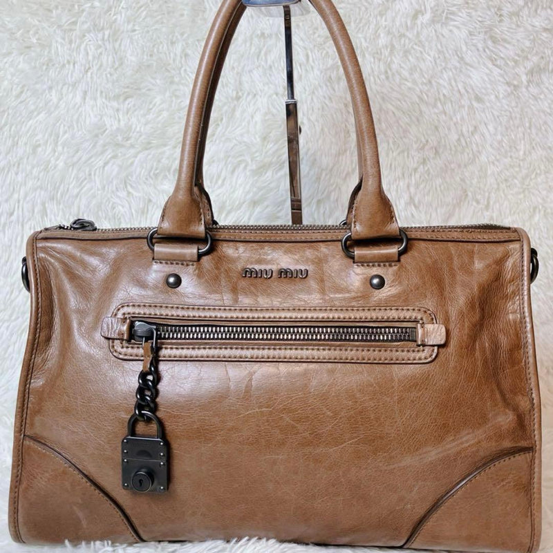 Miu Miu Vitello Shine 2 Way Bag Leather Brown Handbag