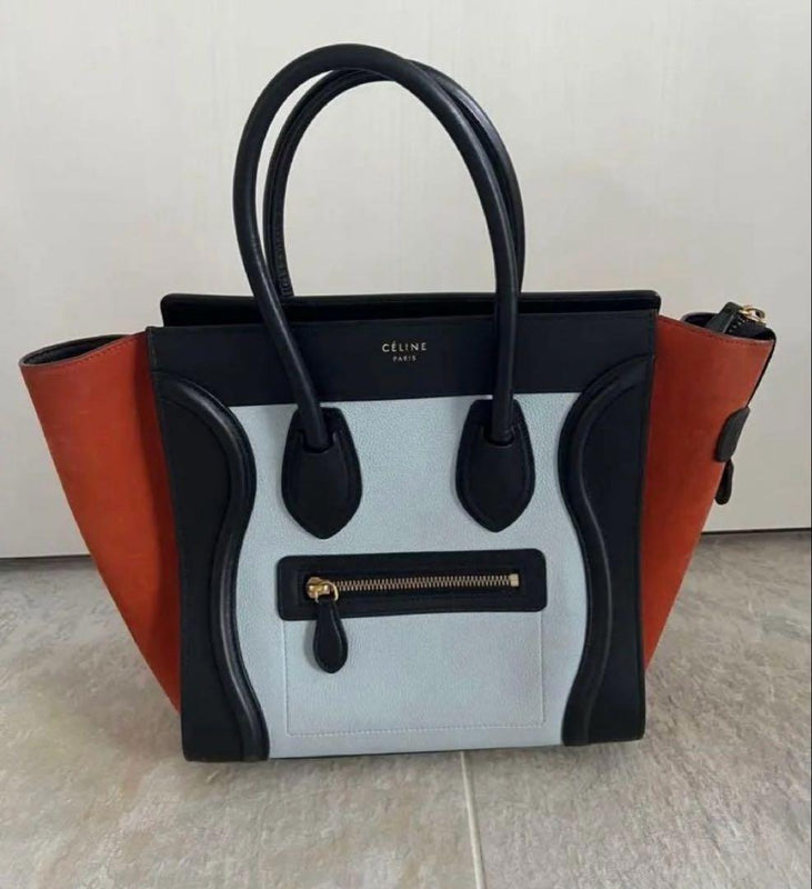 Celine Luggage Nano Handbag Milky Blue Orange Suede Leather