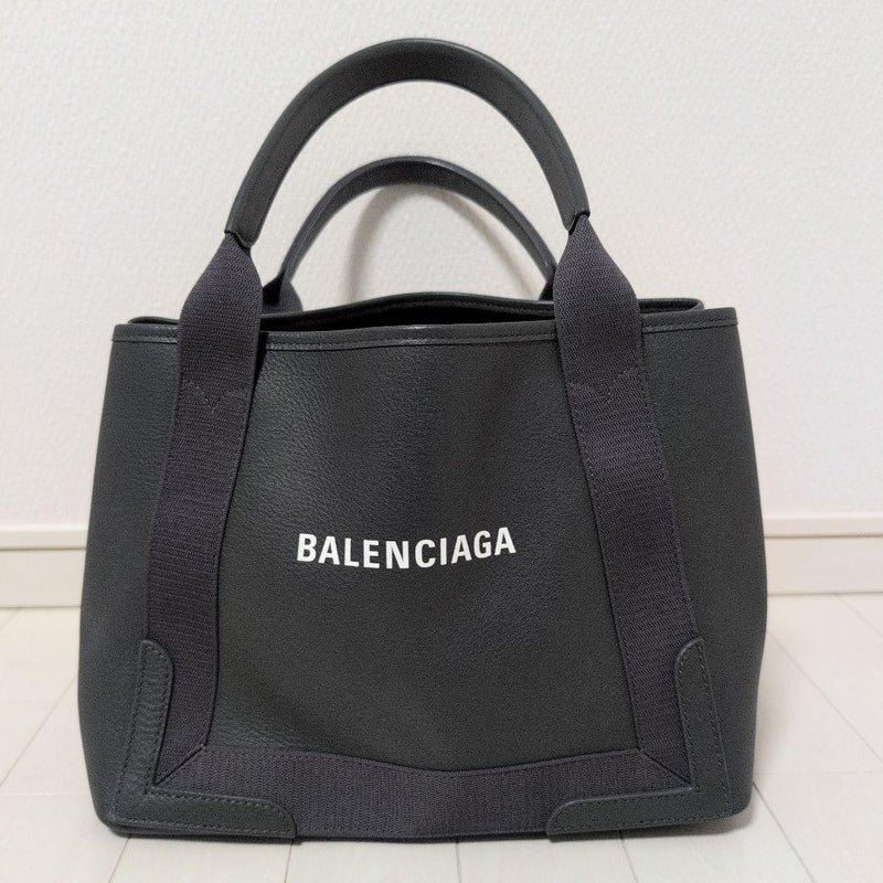 Navy Cabas S Tote Bag Canvas Leather Gray Handbag