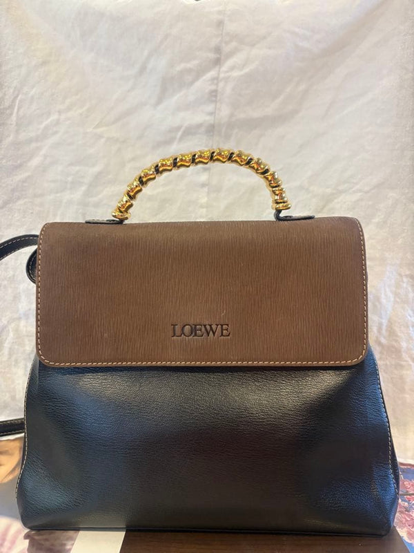 Velazquez Handbag Leather Bi-color Black Brown Gold Hardware