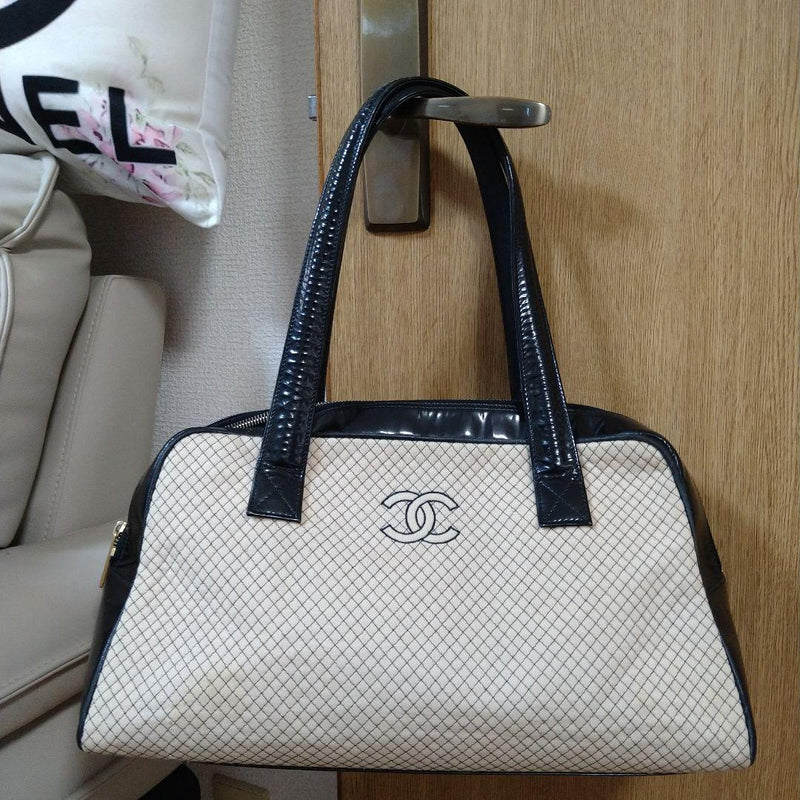 Chanel Handbag Ivory Black Leather Boston Bowling Bag