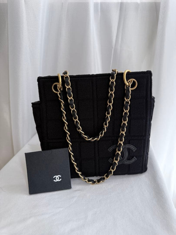 Chanel Chocolate Bar Chain Tote Bag Cotton Jersey Leather Black Gold Hardware