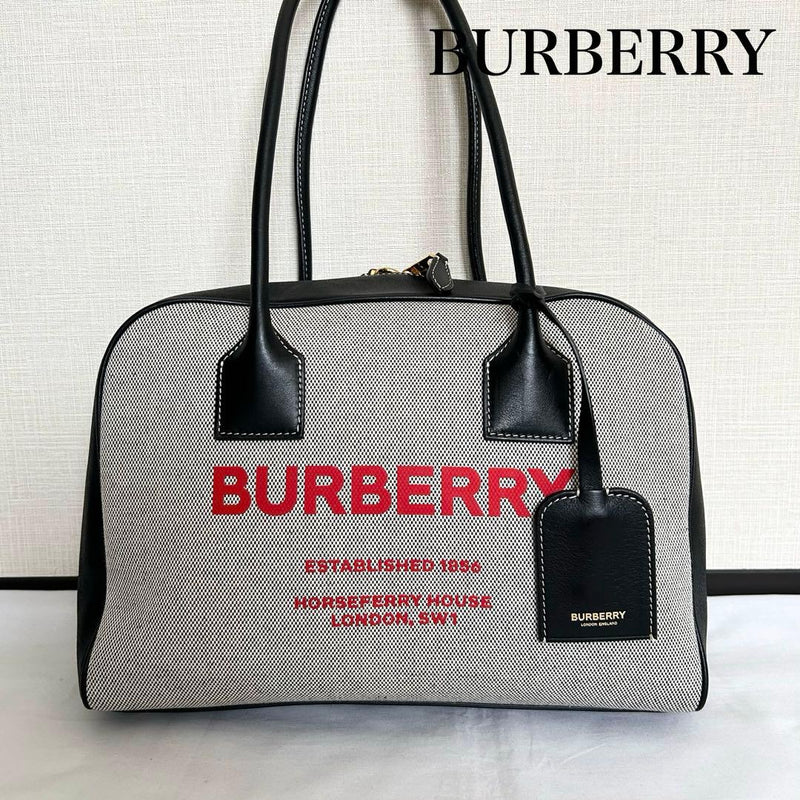 Horseferry Print Tote Boston Cube Bag Leather Canvas Black Grey