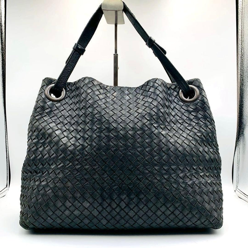 Intrecciato Shoulder Bag Tote Black Leather