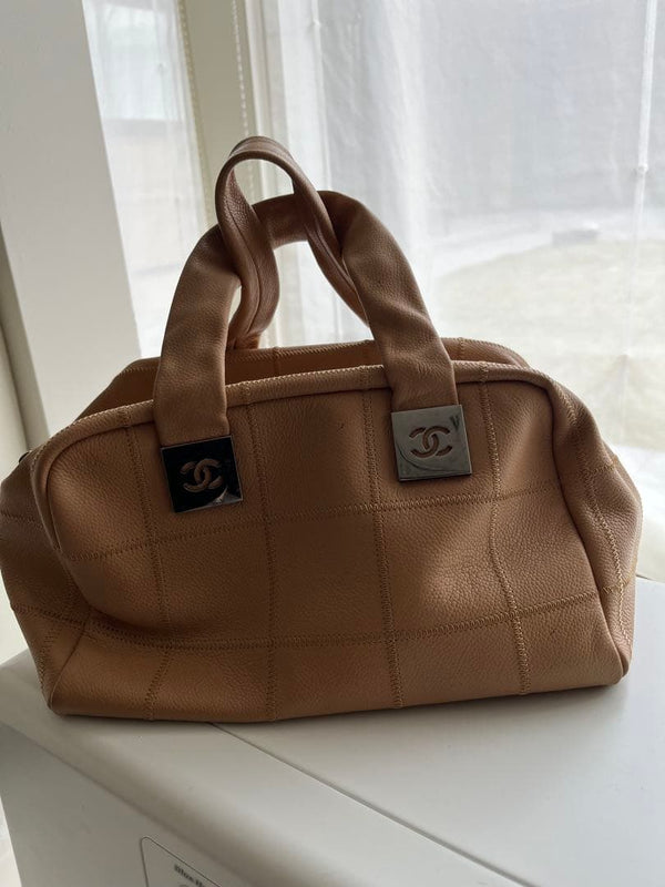 Chanel Boston Bag Handbag Beige Leather