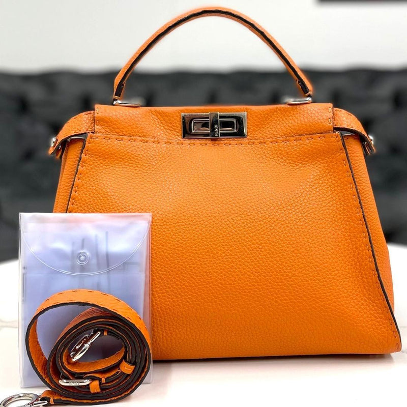 Fendi Peekaboo Regular 8BN290 Handbag Selleria Leather Orange Silver Hardware