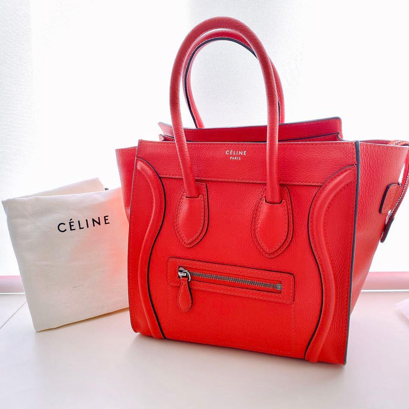 Celine Micro Luggage Handbag Drummed Calfskin Vermillion Orange Tote