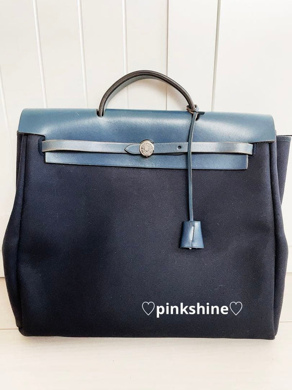 Hermes Herbag Gm Tote Handbag Shoulder Bag Canvas Leather Navy