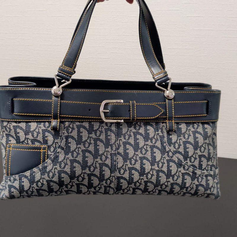 Logo Pattern Handbag Shoulder Bag Canvas Leather Navy Gray