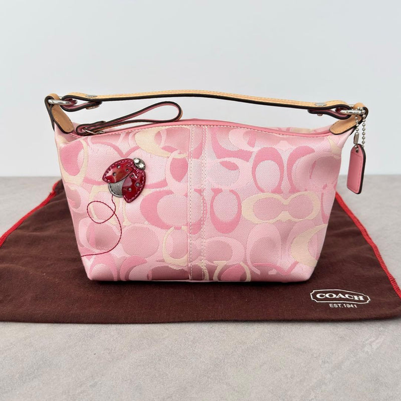 Coach Ladybug Pink Signature Pouch Handbag Leather Canvas Cosmetic Case