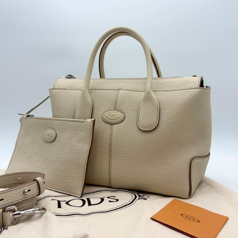 Tods Di Bag Small 2-Way Handbag Tote Grained Leather Light Beige Silver Hardware