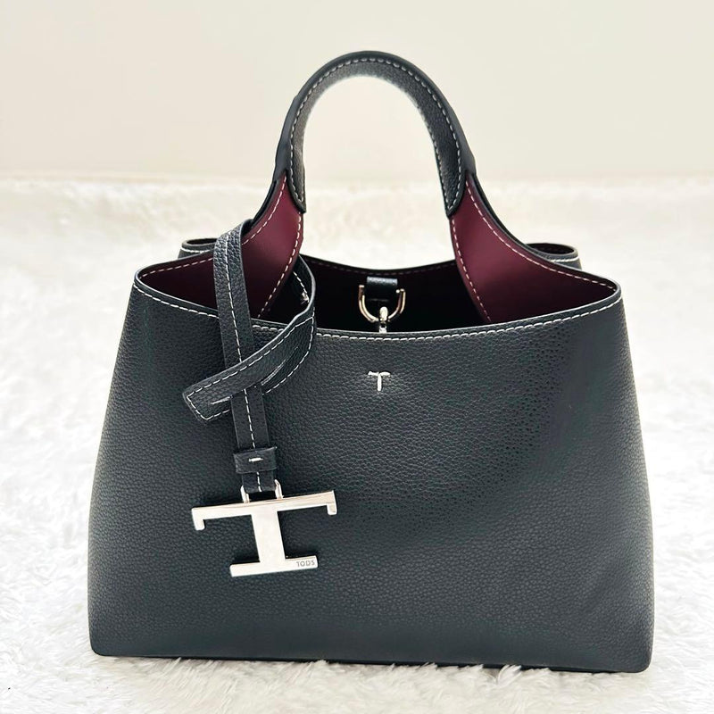 Tods 2way Micro Shoulder Handbag Leather Black Bordeaux Interior