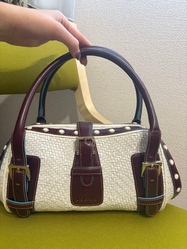 Loewe Senda Handbag Woven Fabric Leather White Brown Stud Decoration
