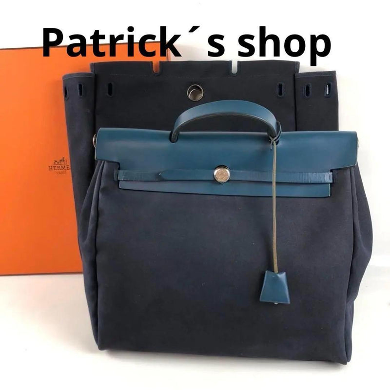 Hermes Herbag C Handbag Shoulder Bag Canvas Leather Navy