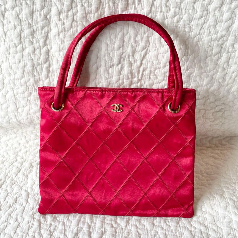 Chanel 0-series Mini Handbag 0949 Satin Rhinestone Red Nylon Gold Hardware